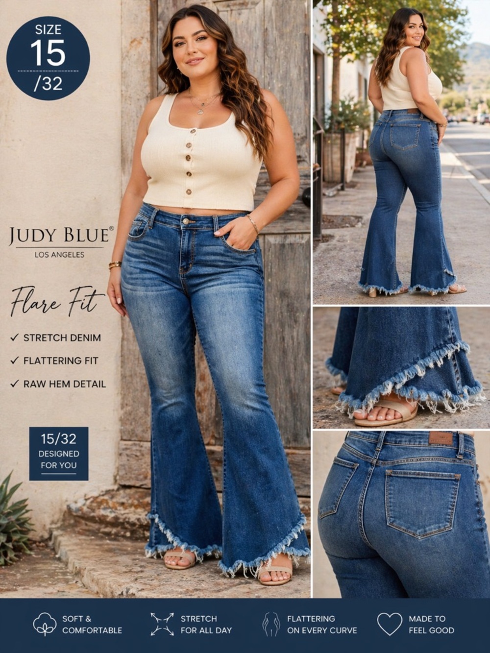 Judy Blue Flare Jeans Women 15/32 Blue Distressed Raw Hem Stretch